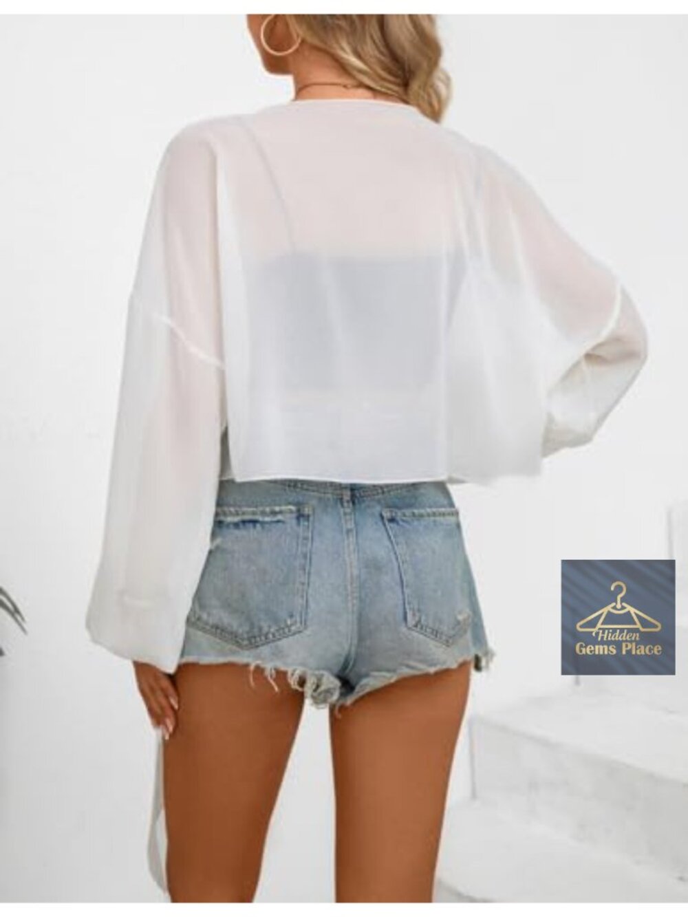 Chiffon Tie Front Crop Kimono Cover Up Long Sleeve Beach Shirt - Picture 5 of 6
